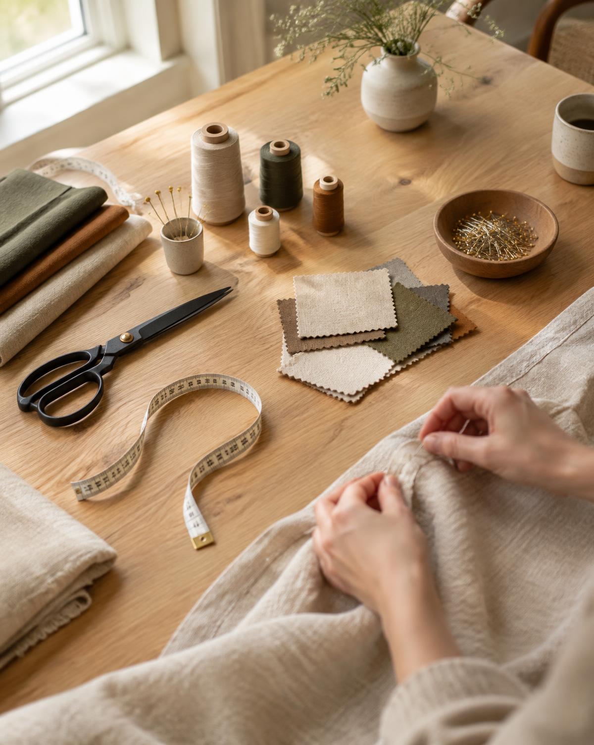 Hender som arbeider med lin i et lyst arbeidsrom